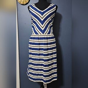 LOFT Navy and White Striped V-Neck Midi Dress